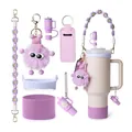 White 40oz tumbler with lavender accessories including silicone boot and woven handle - Light Purple Dreamy Petals Set (Style 8)