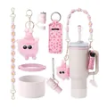 Pink Stanley cup accessory set with floral strap, straw cover, and plush keychain charm - Pink Knit Cute Ball Set (Style 10)