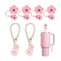 Σετ κάλυμμα καλαμάκι sakura ροζ με χρυσή αλυσίδα γράμμα S για ποτήρι Stanley - Στυλ Sakura Ροζ Γράμμα S