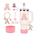 Pink 30-40oz tumbler set with letter A charms, flower straw cover, and silicone boot - Letter A (Style 1)