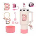 Pink accessory set for 30oz 40oz tumblers including letter B charm and silicone boot - Letter B (Style 2)