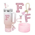 Ensemble gobelet rose dégradé avec lettre F pailletée, paille et étui en silicone - Modèle Lettre F (Style 5)