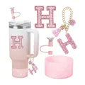 Set gobelet dégradé rose avec breloque lettre H brillante et accessoires scintillants - Modèle Lettre H (Style 6)