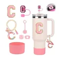 Pink tumbler accessory set with letter C patch, straw cover, chain and boot for 30oz cups - Letter C (Style 3)