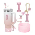 Set gobelet dégradé rose avec couvercle couronne et breloques scintillantes lettre I - Style Lettre I (Style 7)