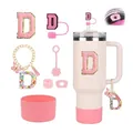 Pink accessory set for 30oz 40oz tumbler with D initial charm and silicone boot - Letter D (Style 4)