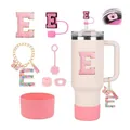 Pink Stanley cup accessory set featuring straw cover, boot, and personalized letter E charm - Letter E (Style 5)