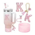 Set de gobelet dégradé rose avec botte en silicone pailletée et lettre K en strass - Style Lettre K (Style 9)