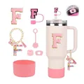 Pink tumbler accessories set with letter F patch, straw cover and silicone boot for 40oz cup - Letter F (Style 6)