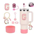 Pink Stanley cup accessory set with initial G charm, silicone boot, and straw cover - Letter G (Style 7)