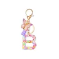 Glittering resin letter B keychain with purple butterfly and fiber tassel for women - Letter B