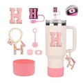 Pink 40oz insulated tumbler set with silicone boot, straw cover and initial H charm - Letter H (Style 8)