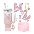 Coffret gobelet rose dégradé avec lettre M pailletée, couvre-paille couronne et botte silicone - Style Lettre M (Style 11)