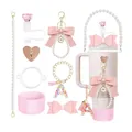 Pink Stanley cup accessory set with glitter boot, pearl chain and letter A keychain - Letter A Style