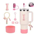 Pink Stanley cup accessory set with initial I straw cover and glittery tassel for 40oz tumbler - Letter I (Style 9)