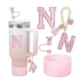 Ensemble breloque lettre N pailletée rose pour gobelet 40oz avec couvre-paille et étui - Style de Lettre N (Style 12)