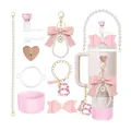 Pink Stanley cup accessory set with glitter boot, straw cover, and heart charm - Letter B Style
