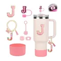 Pink 40oz tumbler set with pink silicone boot, initial J charm and straw cover accessories - Letter J (Style 10)