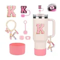 Pink Stanley cup accessory set with initial K charm and protective silicone boot - Letter K (Style 11)