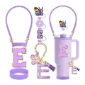 Kit d'accessoires violets pour gobelet 40oz avec breloque lettre E et couvre-paille assorti - Ensemble de décoration de tasse lilas - Lettre A