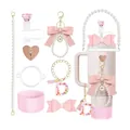 Pink Stanley cup accessory set with pearl handle, bow charm, and D-letter pendant - Letter D Style