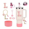 Pink 40oz tumbler accessories set with letter L keychain and straw cover - Letter L (Style 12)