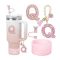 Gobelet dégradé rose avec breloque lettre Q en strass et protection pour paille - Style Lettre Q (Style 15)