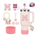 Pink Stanley tumbler accessory set with initial M straw cover, boot, and keychain - Letter M (Style 13)
