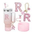 Ensemble gobelet dégradé rose avec botte pailletée, paille couronne et breloques R strass - Style Lettre R (Style 16)