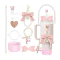 Pink Stanley cup accessory set with pearl chain straw cover and silicone boot - Letter F Style