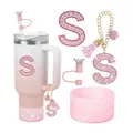 Kit d'accessoires pour bouteille rose avec breloque lettre S en diamant et paille couronne - Style Lettre S (Style 17)