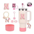 Pink tumbler accessory kit with letter N patch, straw cover and silicone boot - Letter N (Style 14)
