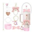 Light pink Stanley cup accessory set with heart charm, bow, and glitter boot - Letter G Style
