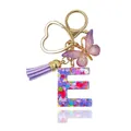 Letter E purple resin keychain with colorful heart sequins, tassel and butterfly charm - Letter E (Style 4)