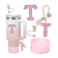 Set de gobelet rose dégradé avec breloque lettre T et couvre-paille couronne - Modèle Lettre T (Style 18)