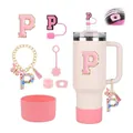 Pink 40oz tumbler set with silicone boot and butterfly charm featuring letter P - Letter P (Style 16)