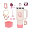 Pink 40oz tumbler accessory set with initial Q charm, plush letter, and straw cover - Letter Q (Style 17)