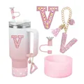 Gobelet rose 40oz avec couvre-paille couronne, breloque lettre V strass et coque en silicone - Style Lettre V (Style 20)