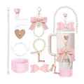 Pink Stanley cup accessory set including glitter boot, straw cover, and pearl chain - Letter L Style