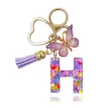 Portachiavi lettera H in resina con ciondolo a farfalla viola e paillettes a cuore - Lettera H (Stile 7)