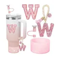Set gobelet dégradé rose avec charme W strass, cache-paille couronne et protection - Style Lettre W (Style 21)