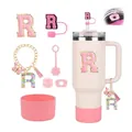 Creamy white 40oz tumbler with pink R letter patch and butterfly tassel accessory set - Letter R (Style 18)