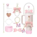 Pink accessories set for tumbler including bow charm, floral M letter and glitter boot - Letter M Style