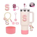Pink accessories set for 30oz and 40oz tumbler with silicone boots and charm - Letter S (Style 19)