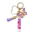 Portachiavi in resina viola con farfalla sfumata, glitter a cuore e nappina viola - Lettera I (Stile 8)