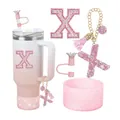 Set d'accessoires rose strass avec breloque lettre X et housse de gobelet pailletée - Style Lettre X (Style 22)