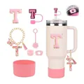 Pink tumbler accessory kit with letter T patch, straw cover, and protective silicone boot - Letter T (Style 20)