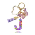 Portachiavi con lettera J in resina viola, paillettes colorate, nappa e farfalla - Lettera J (Stile 9)