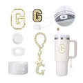 Kit d'accessoires lettre G blanc et or 5 pièces pour gobelets de 30oz et 40oz avec poignée - Style 7 Chenille Blanche Bordure Pailletée Dorée (A)