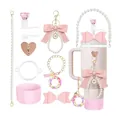 Pink Stanley cup accessory set with pearl charms, bow, straw cover, and glitter boot - Letter M Style